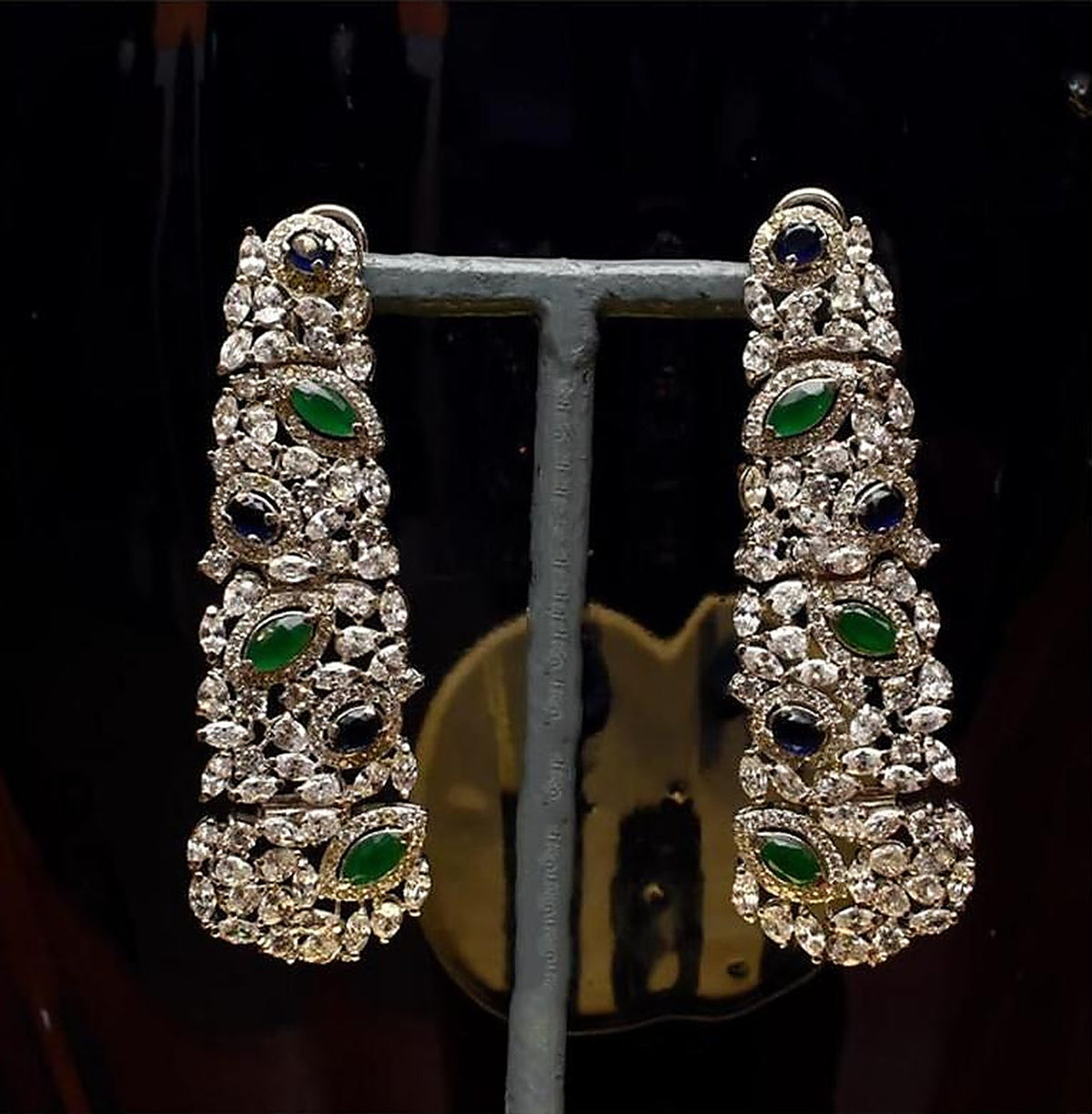 925 Silver Emerald Marquise Long Drop Earrings - Full earring pair
