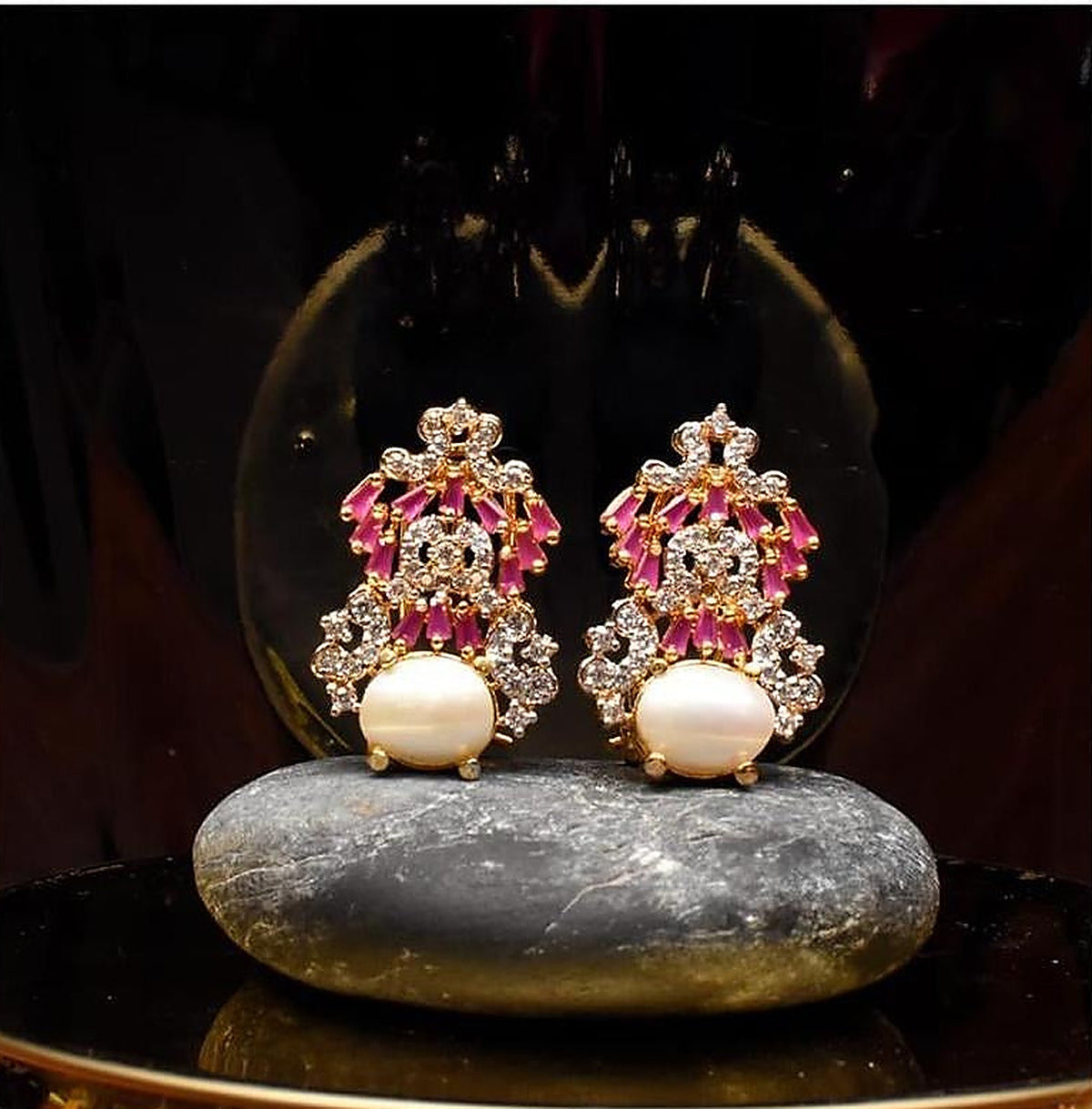 925 Silver Pink Zircon Pearl Stud Earrings - Full pair
