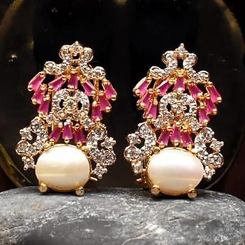 925 Silver Pink Zircon Pearl Stud Earrings - Close-up: both earrings