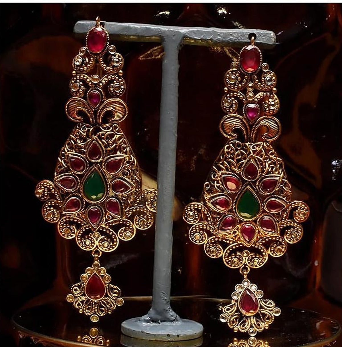 925 Silver Ruby Emerald Antique Long Earrings - Full pair