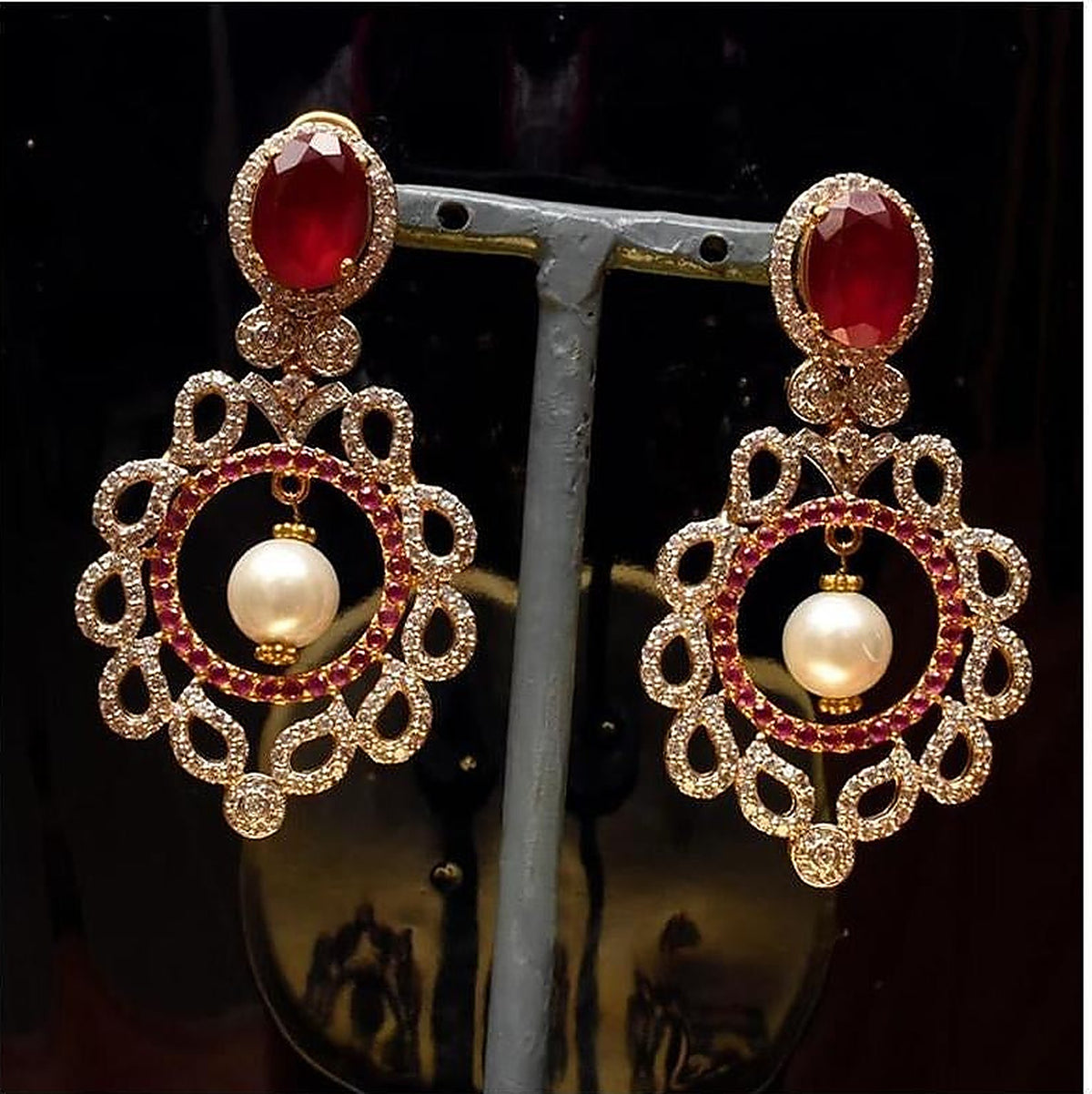 925 Silver Ruby Pearl Circle Drop Earrings - Full pair