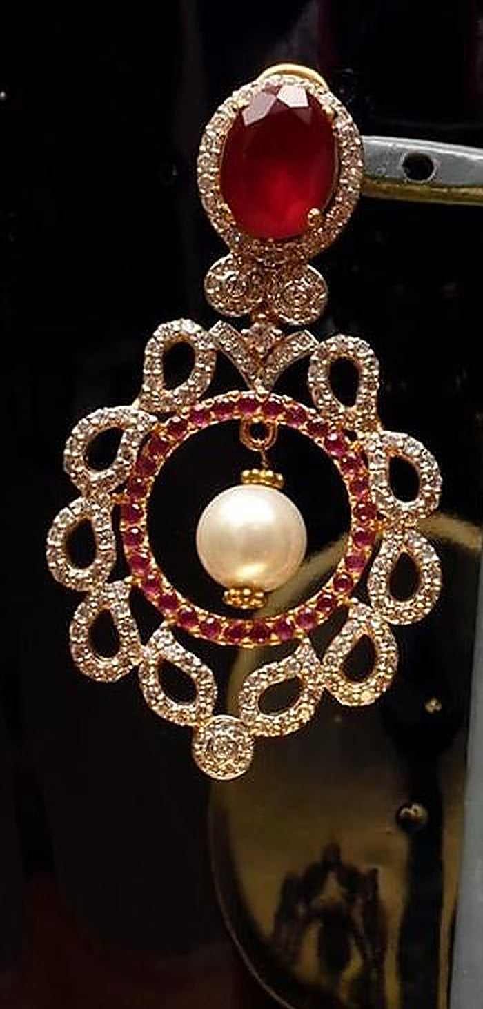 925 Silver Ruby Pearl Circle Drop Earrings - Left earring