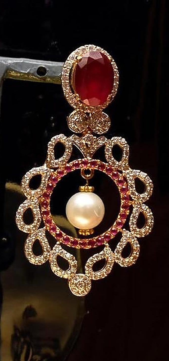 925 Silver Ruby Pearl Circle Drop Earrings - Right earring