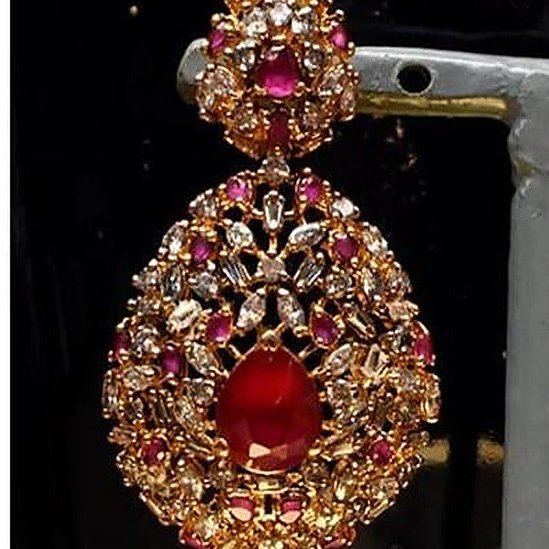 925 Silver Ruby Pink Zircon Statement Earrings - Close-up: left earring