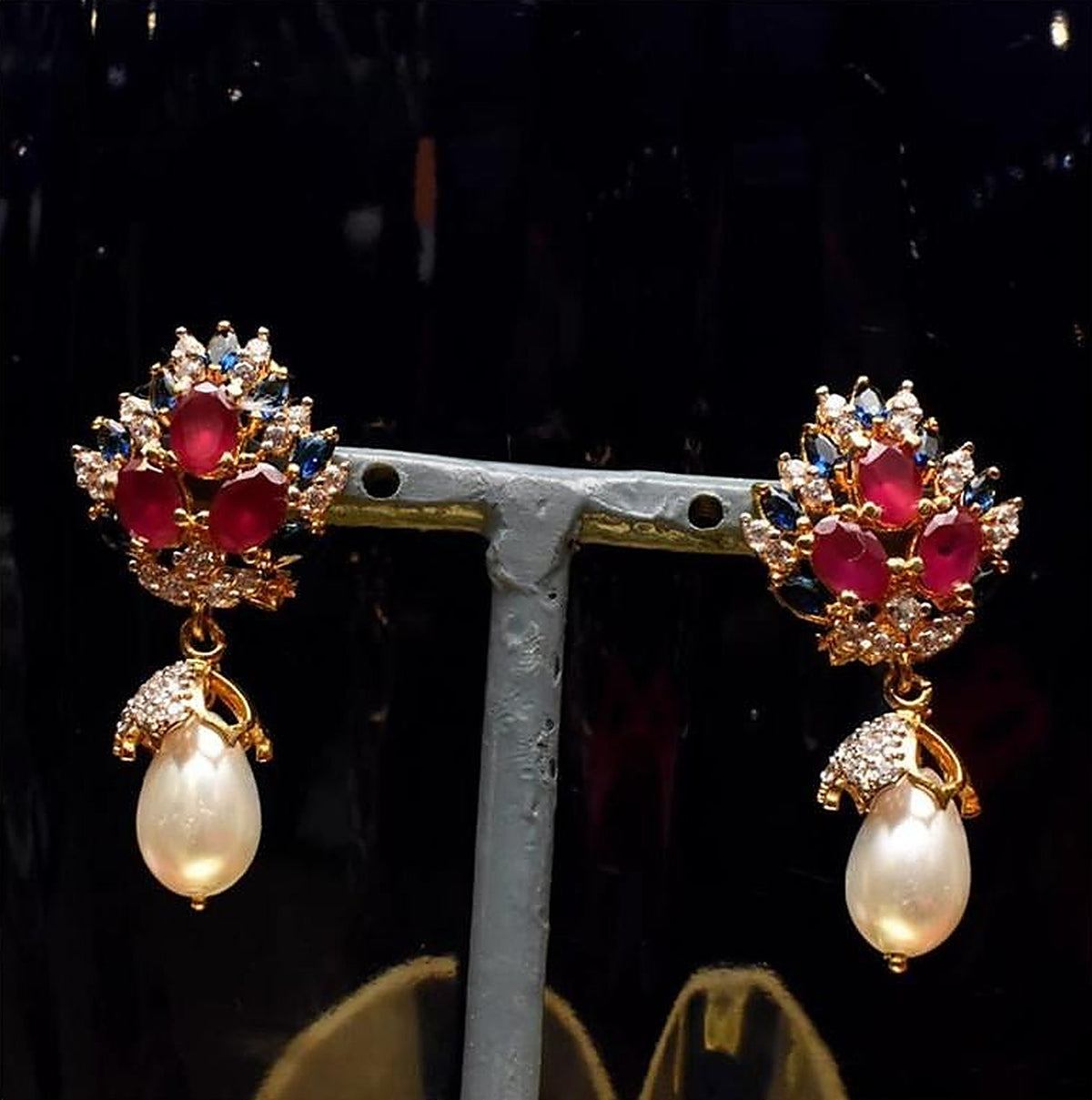 925 Silver Ruby Sapphire Pearl Drop Earrings - Full pair