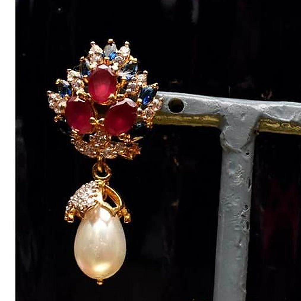 925 Silver Ruby Sapphire Pearl Drop Earrings - Close-up: left earring