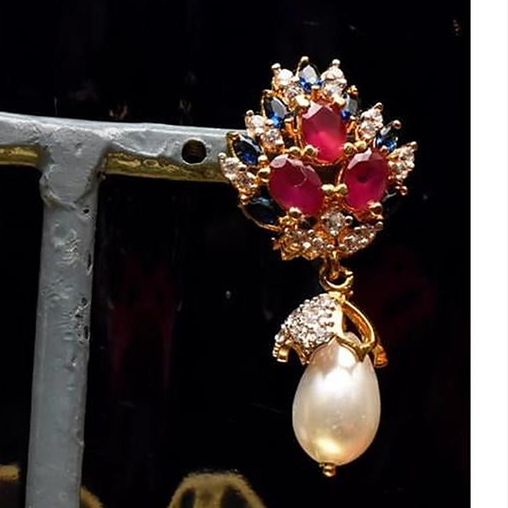 925 Silver Ruby Sapphire Pearl Drop Earrings - Close-up: right earring