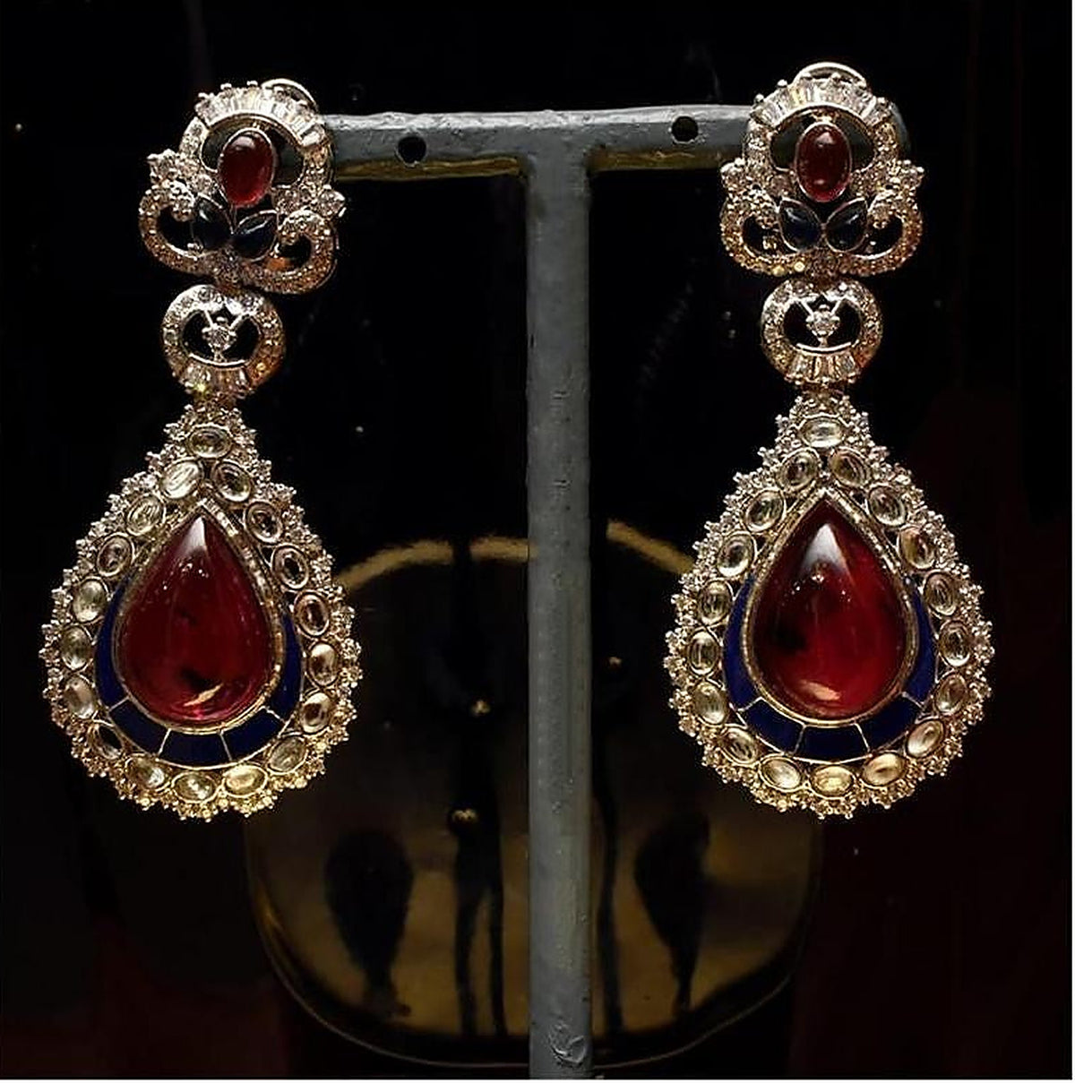 925 Silver Ruby Sapphire Teardrop Earrings - Full pair