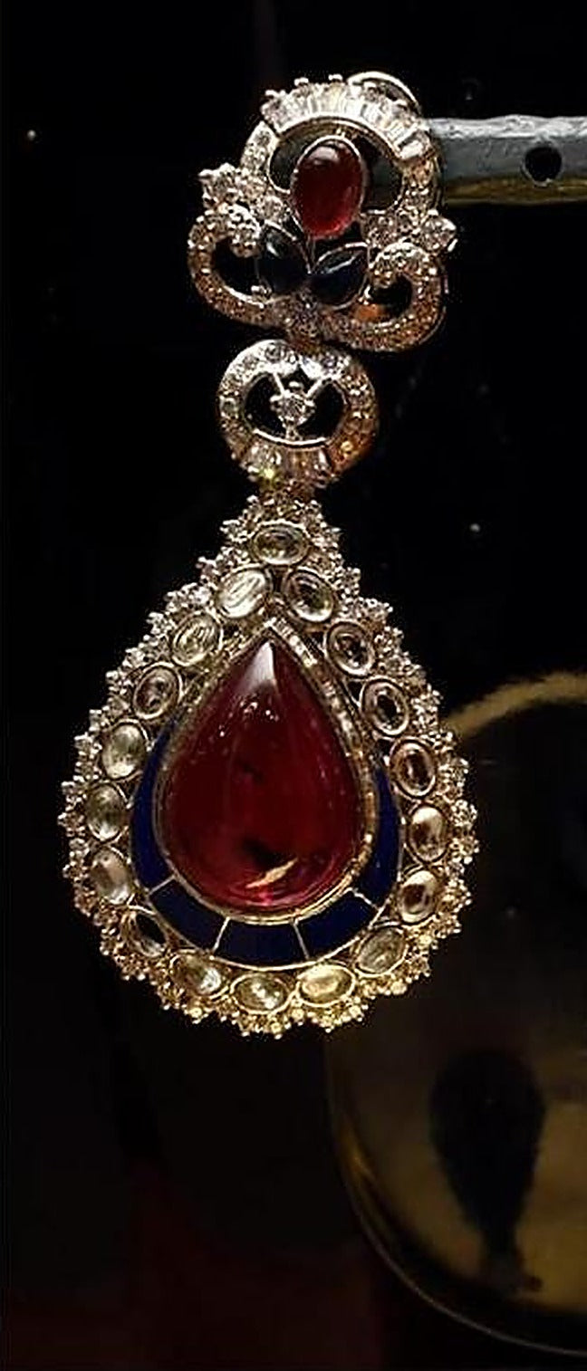 925 Silver Ruby Sapphire Teardrop Earrings - Left earring