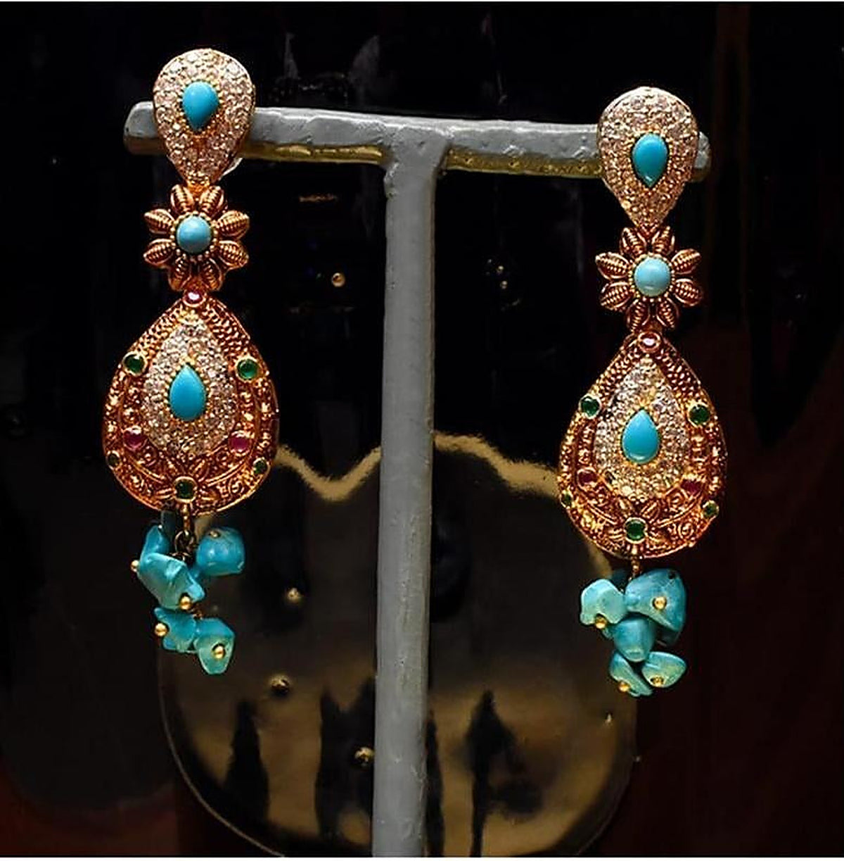 925 Silver Turquoise Coral Floral Drop Earrings - Full pair