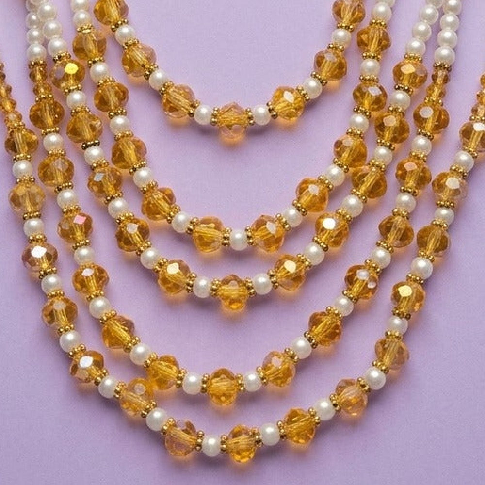 Amber Glow Layered Pearl & Crystal Mala Necklace - Close-up: crystal and pearl strands