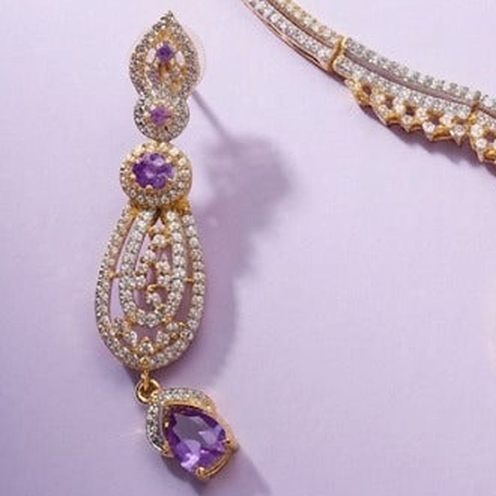 Amethyst Violet Filigree Necklace Set with Drop Earrings - Close-up: left earring