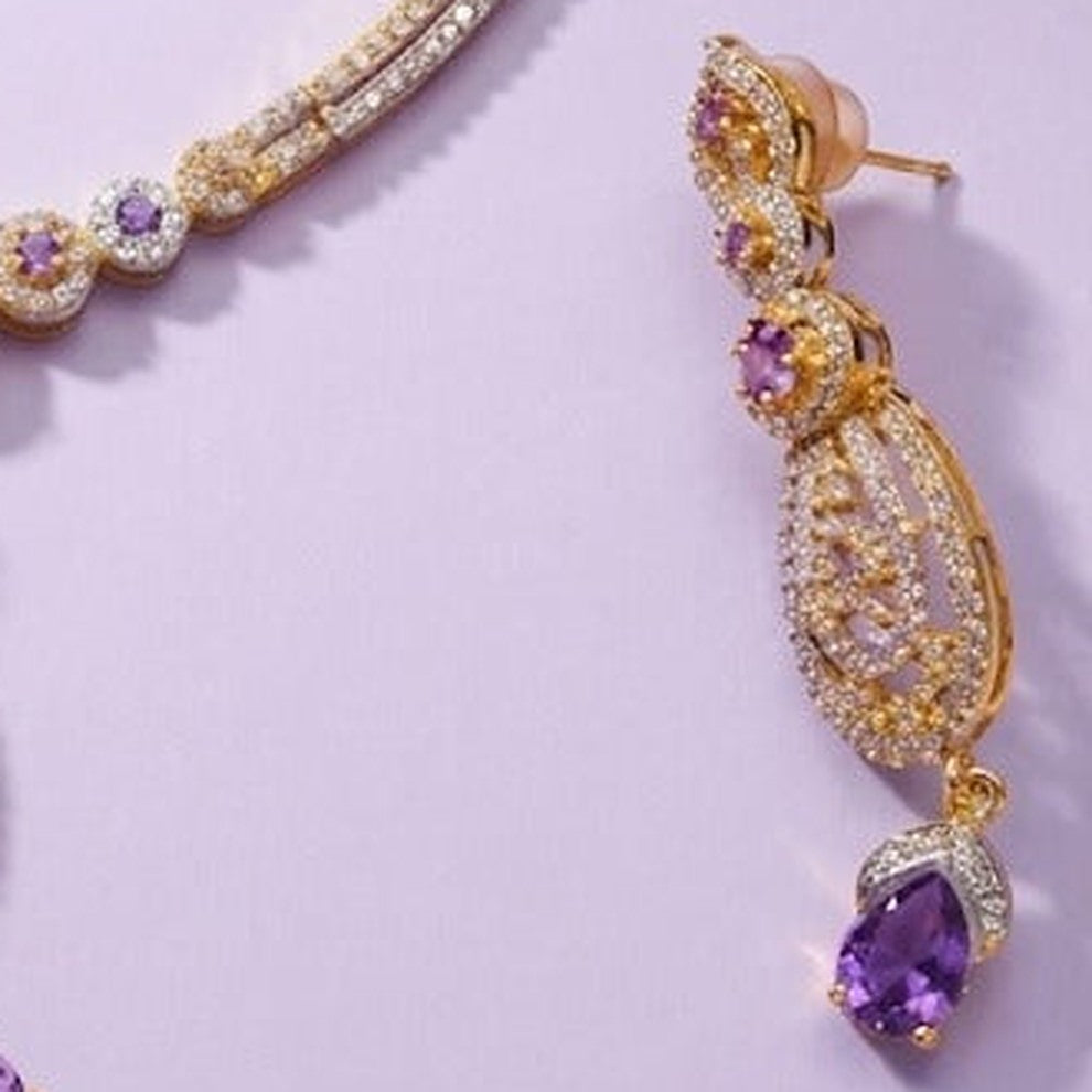 Amethyst Violet Filigree Necklace Set with Drop Earrings - Close-up: right earring (post visible)