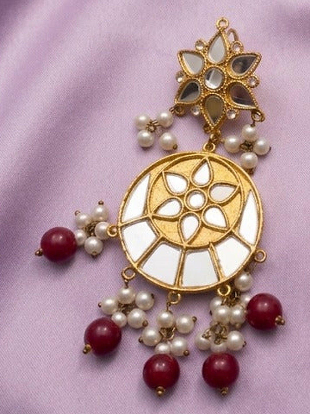 Crimson Mirror Chandbali Earrings & Maang Tikka Set - Close-up: left chandbali earring