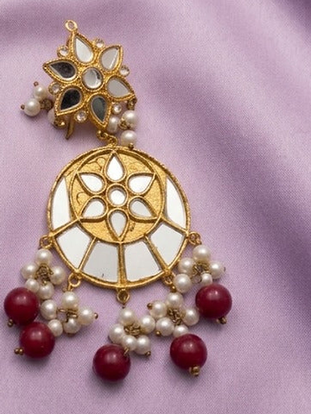 Crimson Mirror Chandbali Earrings & Maang Tikka Set - Close-up: right chandbali earring
