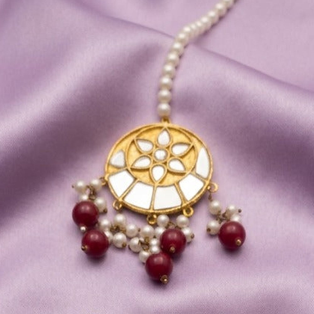 Crimson Mirror Chandbali Earrings & Maang Tikka Set - Close-up: maang tikka and pearl chain