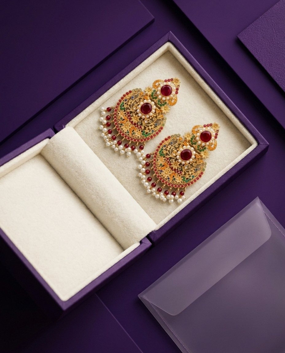 Kundan earrings in an ivory jewellery box