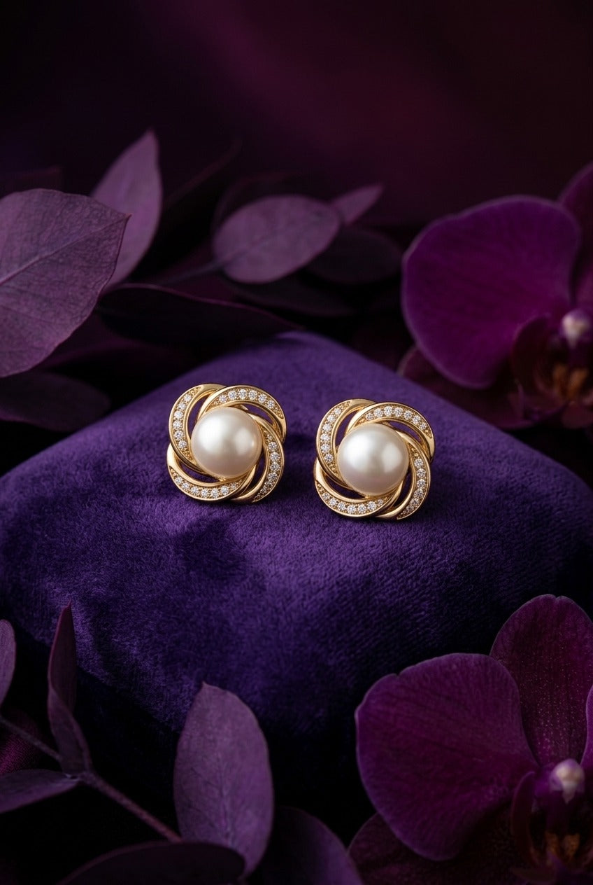 Pearl knot earrings on purple velvet among orchids