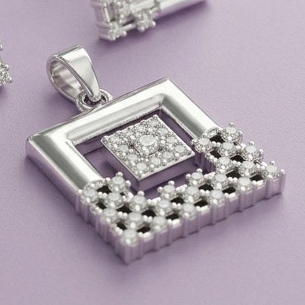Geometric Square Diamond Jewelry Set (Pendant & Stud Earrings) - Close-up: pendant