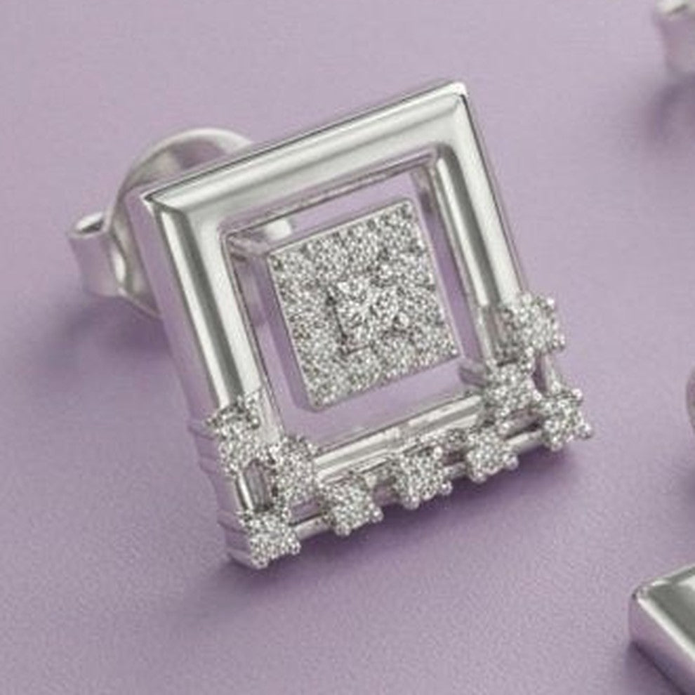 Geometric Square Diamond Jewelry Set (Pendant & Stud Earrings) - Close-up: left stud earring