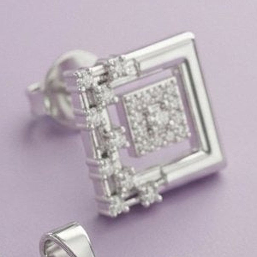 Geometric Square Diamond Jewelry Set (Pendant & Stud Earrings) - Close-up: right stud earring