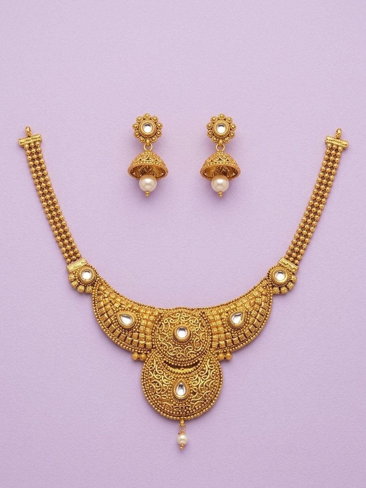 Heritage Gold Filigree Kundan & Jhumka Necklace Set - Full set: necklace and jhumkas