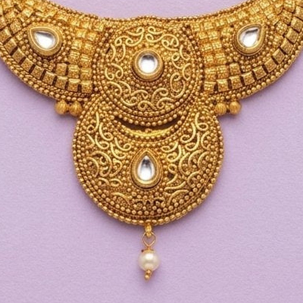 Heritage Gold Filigree Kundan & Jhumka Necklace Set - Close-up: necklace pendant