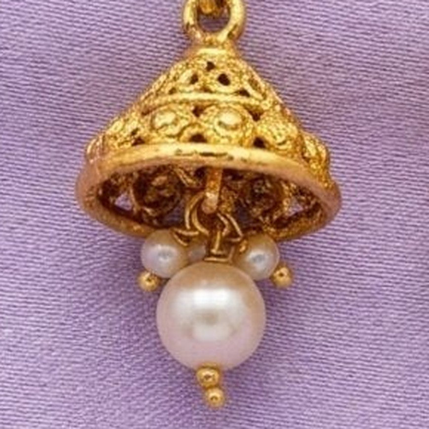 Heritage Gold Filigree Kundan & Jhumka Necklace Set - Close-up: left jhumka and pearl
