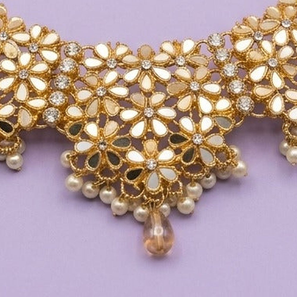 Peach Floral Mirror Kundan Choker Necklace - Close-up: centre mirror-flower pendant and drop