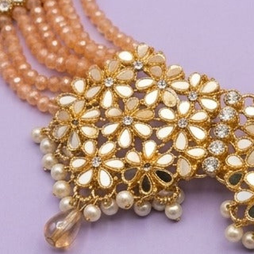 Peach Floral Mirror Kundan Choker Necklace - Close-up: left mirror-flower panel