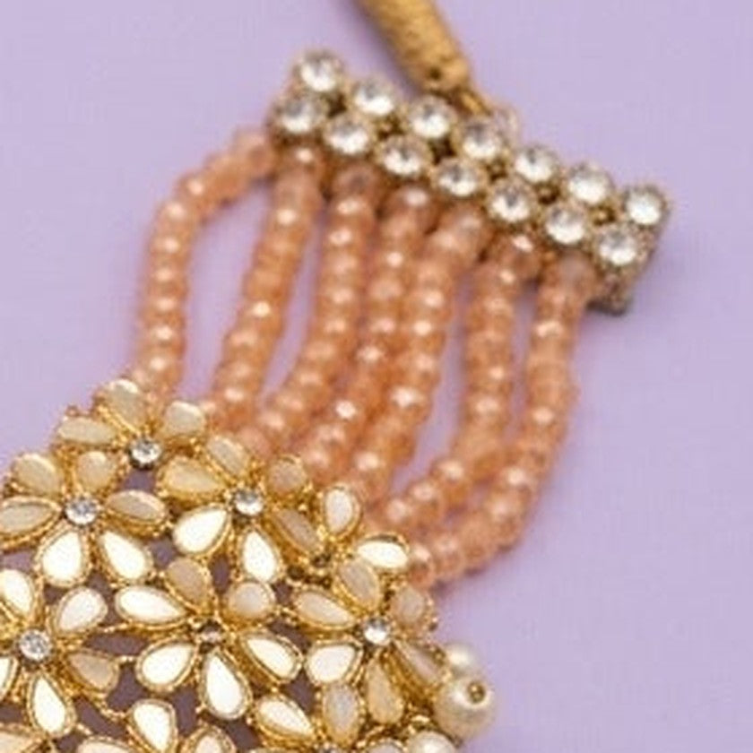 Peach Floral Mirror Kundan Choker Necklace - Close-up: peach bead strands and stone bar (right)