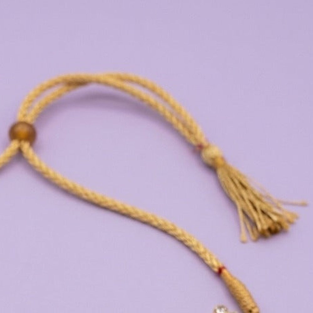 Peach Floral Mirror Kundan Choker Necklace - Close-up: adjustable cord, bead and tassel