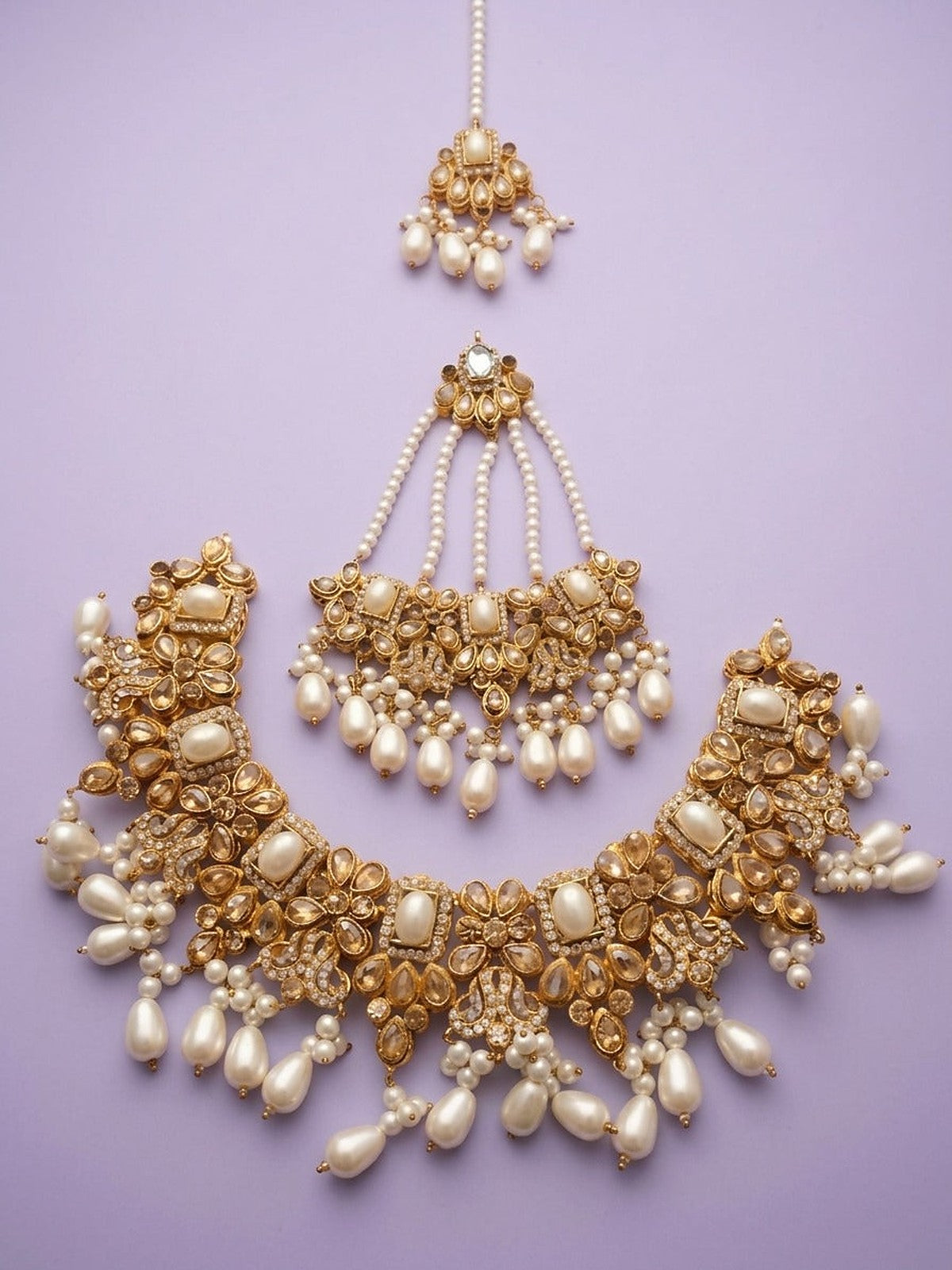 Regal Imperial Pearl & Polki Bridal Set - Full set: necklace, jhoomar and maang tikka