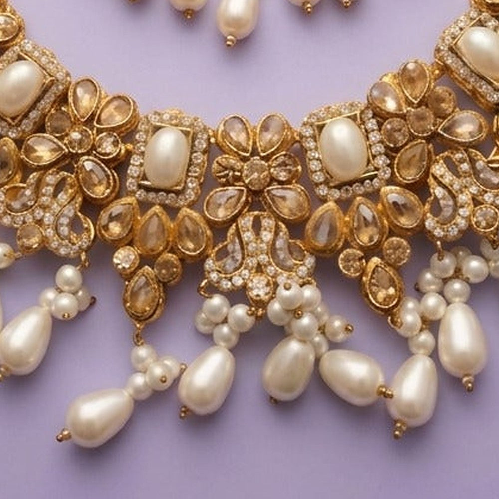 Regal Imperial Pearl & Polki Bridal Set - Close-up: necklace centre and pearl drops