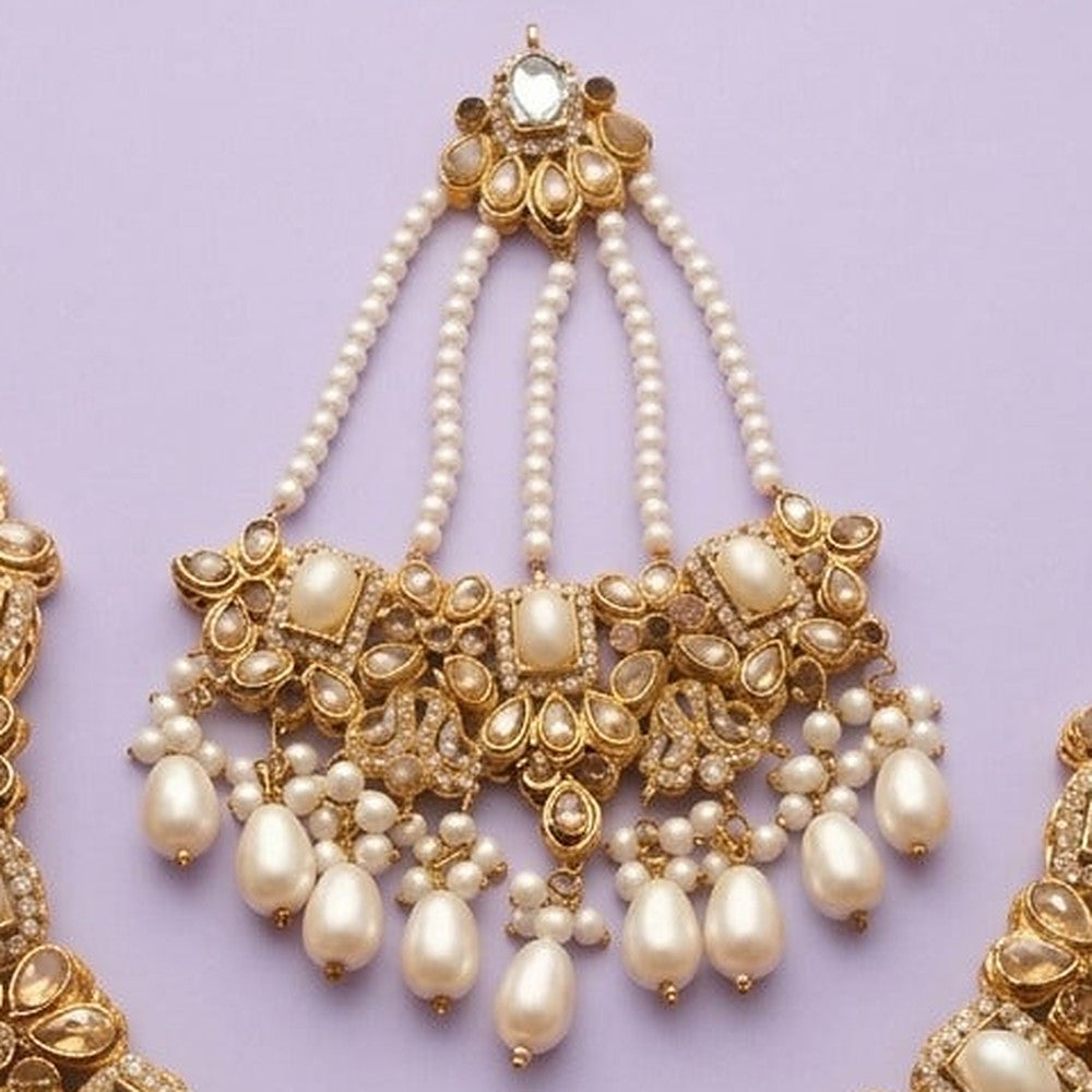 Regal Imperial Pearl & Polki Bridal Set - Close-up: pearl jhoomar