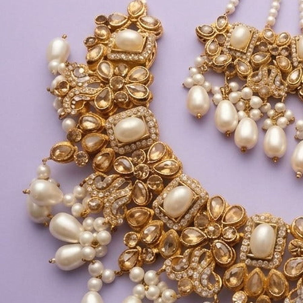 Regal Imperial Pearl & Polki Bridal Set - Close-up: necklace left end