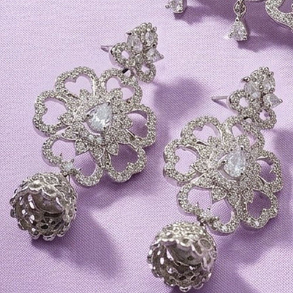 Silver Filigree Floral Choker & Jhumka Set with Maang Tikka - Close-up: jhumka earrings
