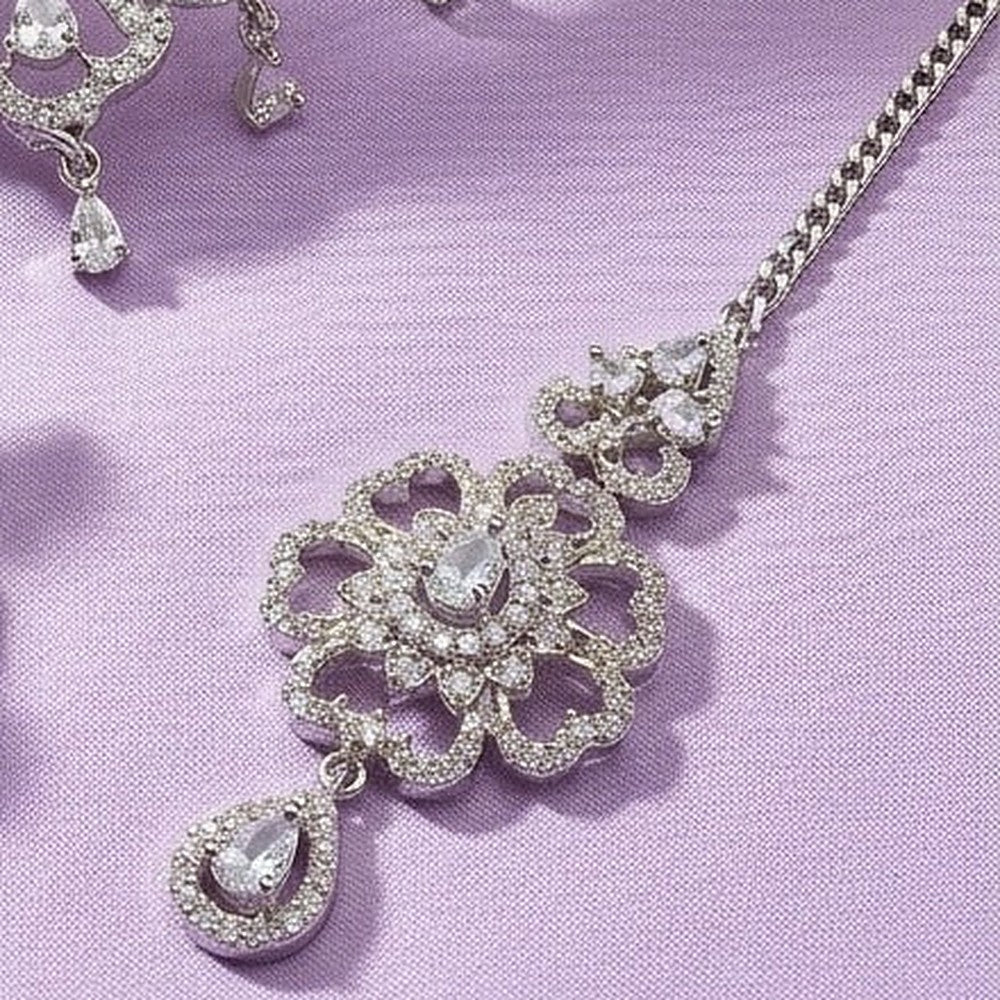Silver Filigree Floral Choker & Jhumka Set with Maang Tikka - Close-up: maang tikka