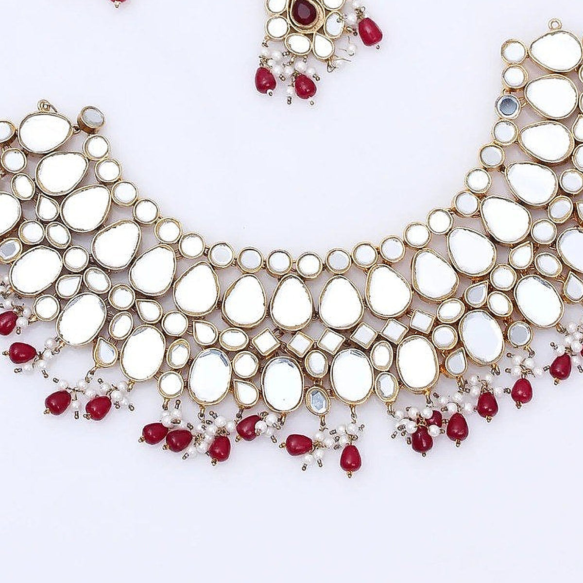 Silver Kundan Ruby Drop Choker Set - Close-up: choker (flat lay)