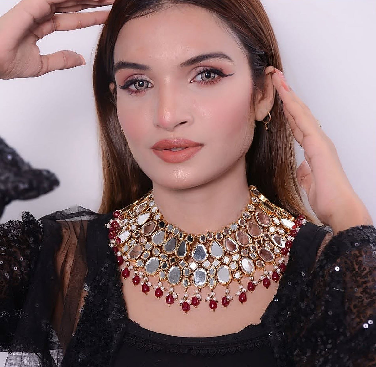 Silver Kundan Ruby Drop Choker Set - On model (frame trimmed)