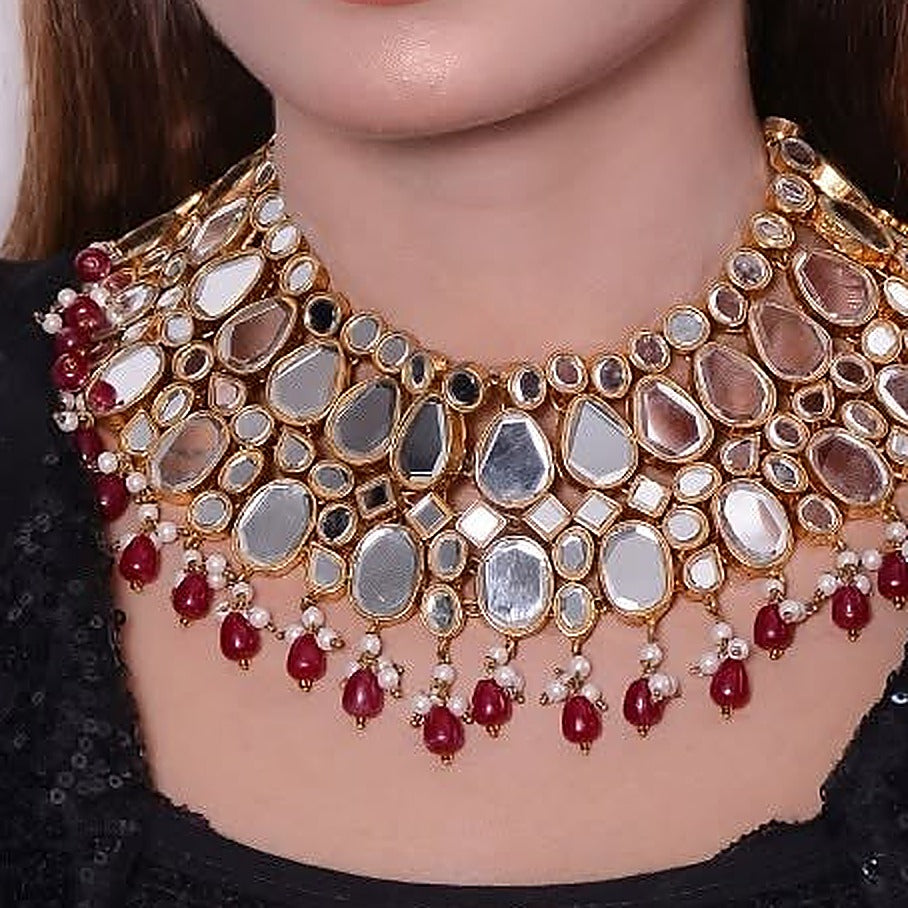 Silver Kundan Ruby Drop Choker Set - Close-up: choker on model