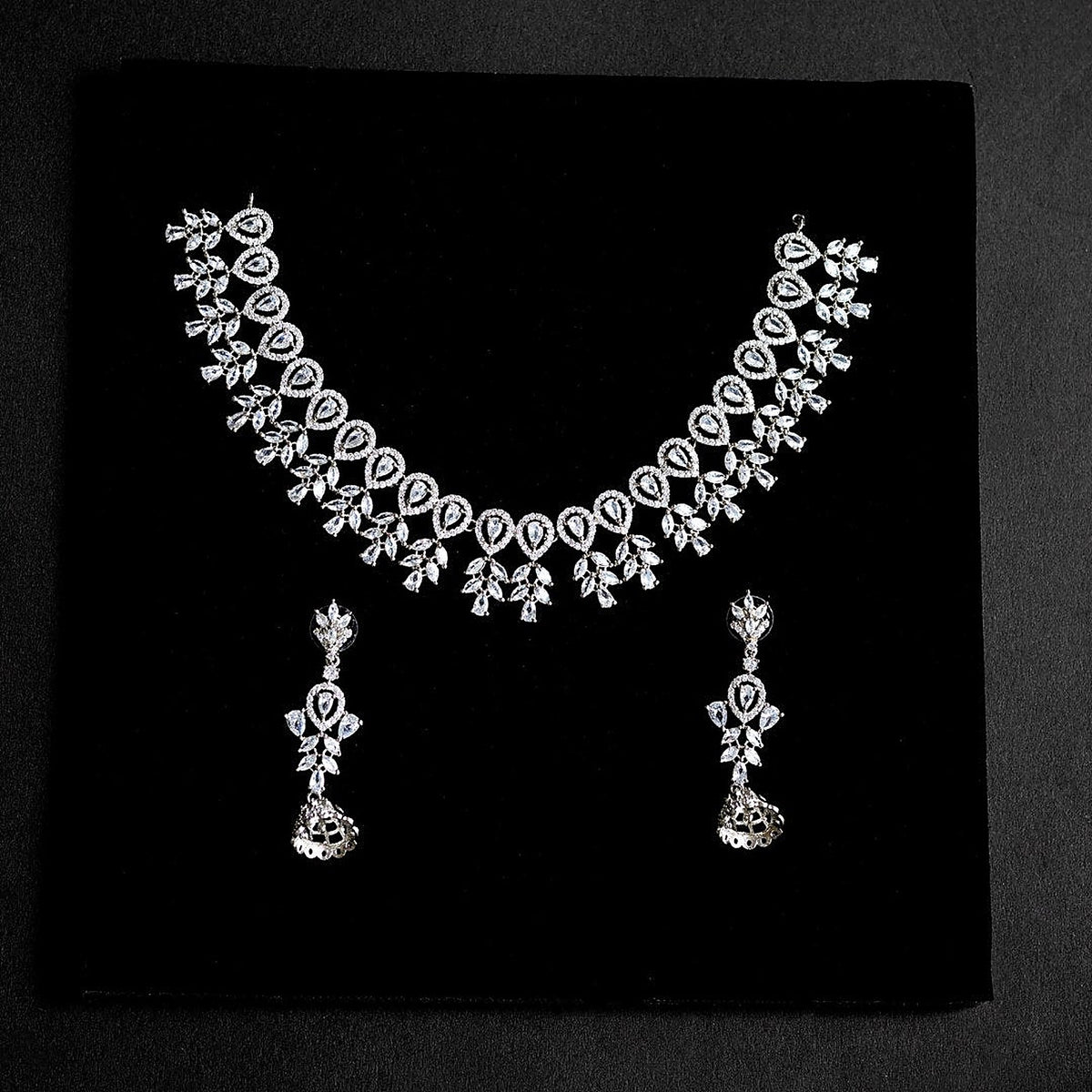 Silver Teardrop Zircon Necklace Set - Full set: necklace and jhumka earrings
