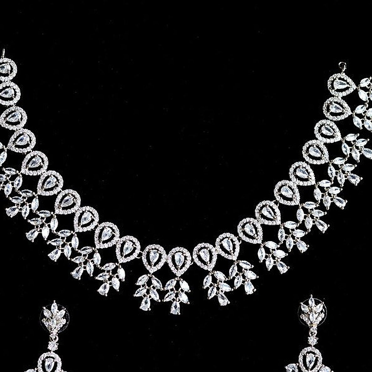 Silver Teardrop Zircon Necklace Set - Close-up: necklace