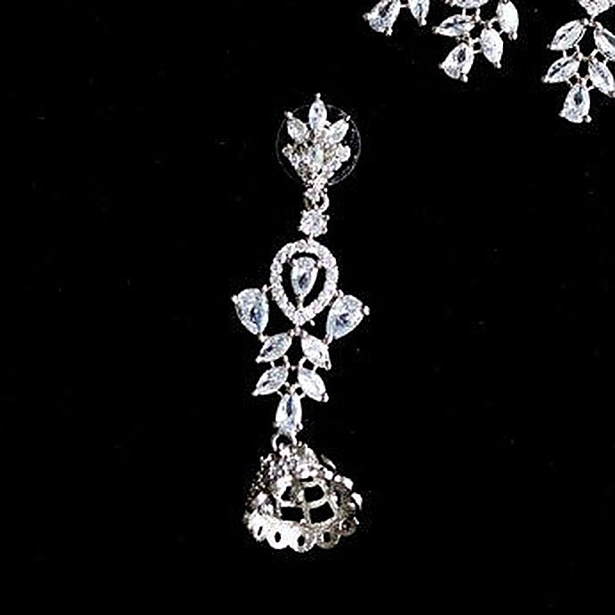 Silver Teardrop Zircon Necklace Set - Close-up: left jhumka earring
