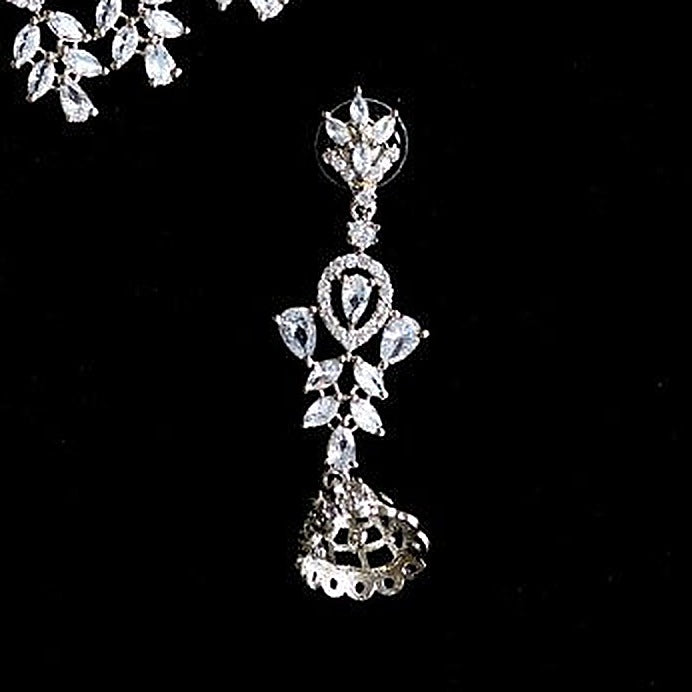 Silver Teardrop Zircon Necklace Set - Close-up: right jhumka earring