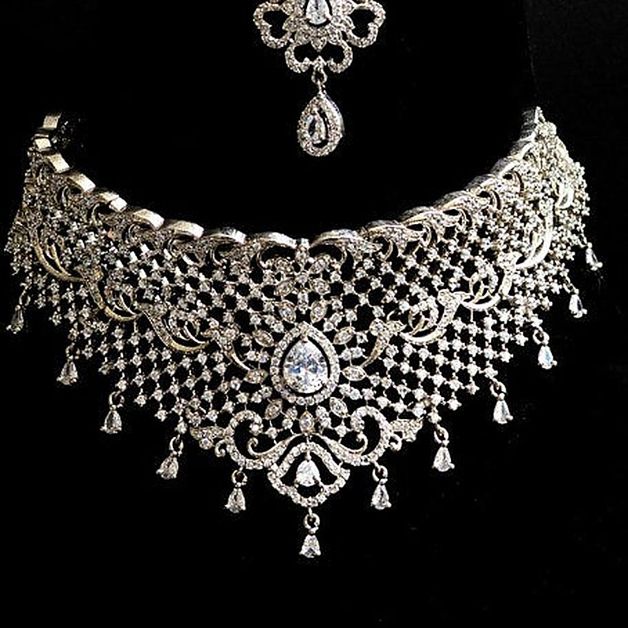 Silver Zircon Choker Set with Tikka - Close-up: choker