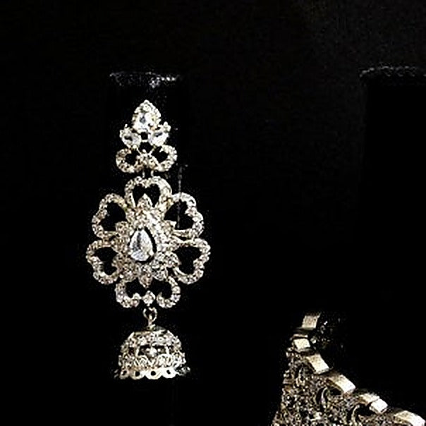 Silver Zircon Choker Set with Tikka - Close-up: jhumka earring