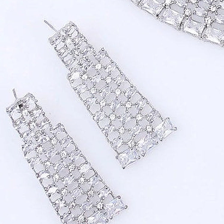 Silver Zircon Statement Choker Set - Close-up: earrings