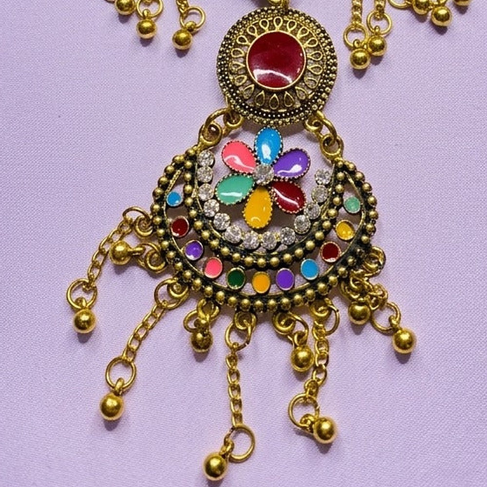 Vibrant Festive Meenakari Matha Patti - Close-up: enamel pendant and bell drops