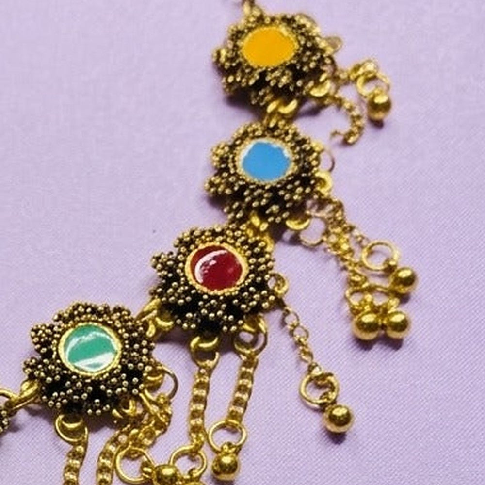Vibrant Festive Meenakari Matha Patti - Close-up: upper right flower motifs